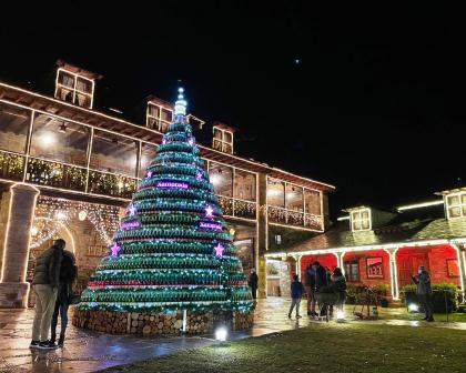 Árbol de Navidad elaborado con botellas en el Palacio de Canedo, en El Bierzo