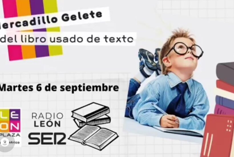 Un niño con gafas y corbata rodeado de libros en el cartel del Mercadillo Gelete