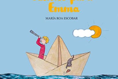 Ilustración de un niño mirando por un catalejo subido en un barco de papel en la portada del libro Cuentos para Emma