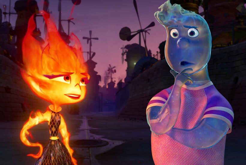 Escena con personaje de fuego y agua en la película Elemental de Pixar