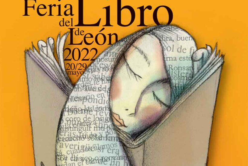Cartel de la Feria del Libro de León 2022 con una ilustración de una mujer dentro de un libro