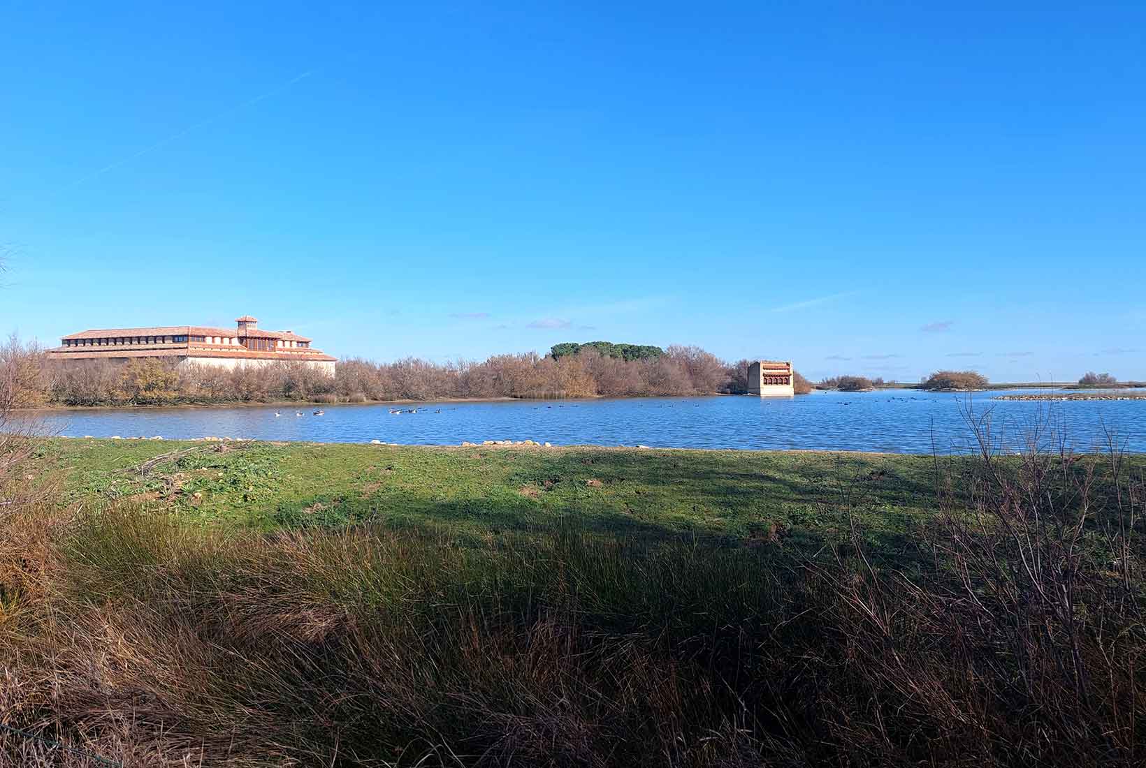 Centro de Interpretación de las Lagunas de Villafáfila con una laguna delante
