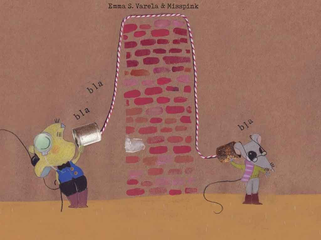 Dos ratones se comunican con un muro de por medio en la imagen de portada del libro El Muro, de Emma S. Varela y Misspink