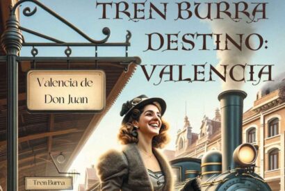Cartel de una mujer en una estación de tren hecho con inteligencia artificial. El título dice: Tren burra. Destino: Valencia. La mujer sonríe y detrás se ve una locomotora echando humo.